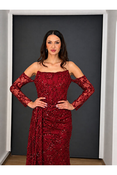 gökkuşagı moda Bordo Straplez Pul Boncuk İşli Ön Drapeli Uzun Abiye Elbise