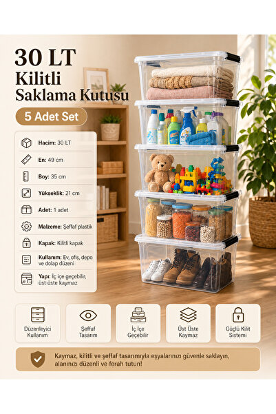 biedda 5 Adet 30 LT Kilitli Saklama Kutusu Şeffaf Plastik Kapaklı Organizer D...