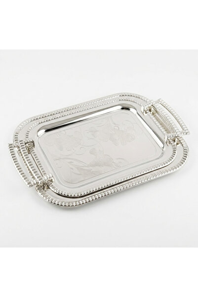 Vadi Silver Color Rectangular Serving Tray with Handles, Set of 2, Special Patterned