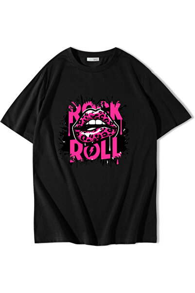 BRZ COLLECTION Tricou unisex oversize cu imprimeu buze rock'n'roll, negru