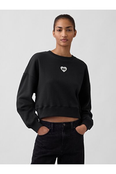 GAP Kadın Siyah VintageSoft Oversized Heart Logo Wedge Sweatshirt