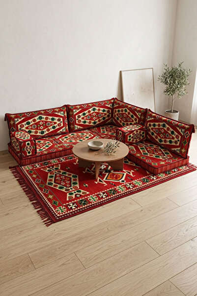 Anka Şark Odaları Kilim desenli U Köşe 10cm Seri 2 - Koyu Kırmızı