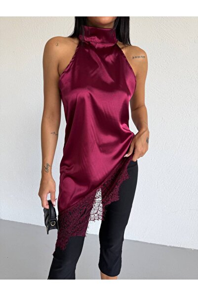 QUTTA Bluză de damă din satin, bordeaux, cu guler halter și dantelă la bază