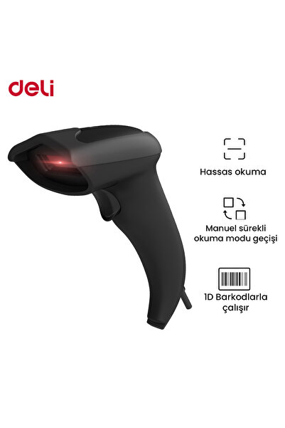 Deli Barkod Okuyucu 1D Lazer Kablolu El Tipi Siyah Barcode Scanner