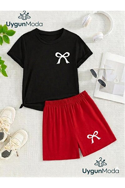 UygunModa Mini Ribbon Printed T-Shirt Shorts Summer Children's Set