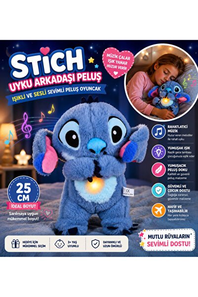 TRUST STORE Stich Uyku Arkadaşı Peluş 25 cm Işıklı ve Sesli Sevimli Peluş Oyu...