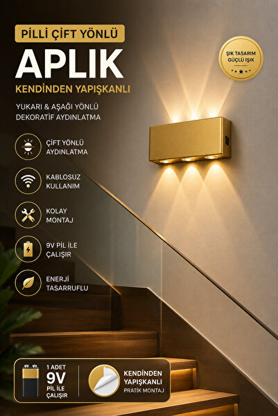 luxshome Kablosuz Gold Pilli LED Aplik Çift Yönlü Kendinden Yapışkanlı Modern...