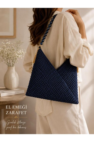 LOREMPBOX Hand Knitted Women's Envelope Bag with Navy Blue Stone Handle Premium Handmade Shoulder Bag