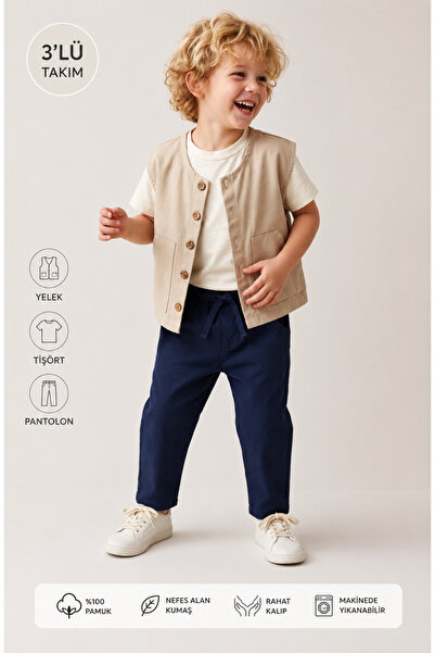 LİLİYUM Boy's 3-Piece Set Vest T-Shirt Trousers Combination 100% Cotton Beige...