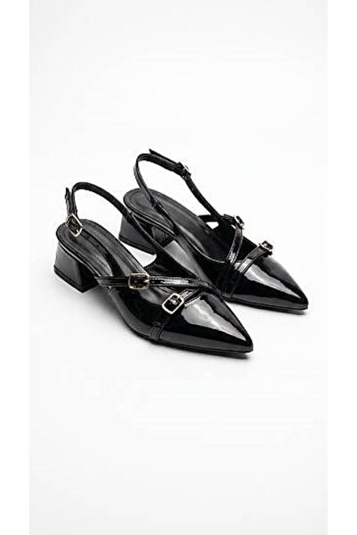 Daytex Women's Black Patent Leather Pointed Toe Chunky Heel Shoes - Slingback...