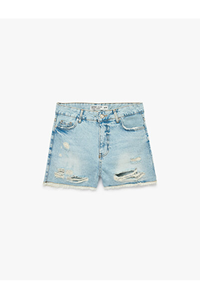Koton Yıpratma Detaylı Pamuklu Rahat Kalıp Mini Denim Şort