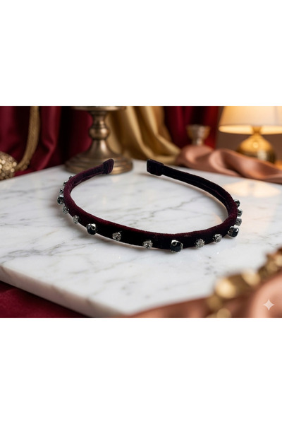 roseberry Bordo kadife taşlı ince taç özel gün bayram hediyelik