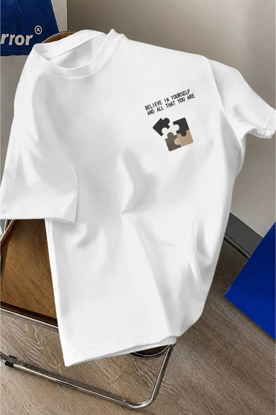 Wish BF Believe Puzzle Baskılı Oversize T-shirt