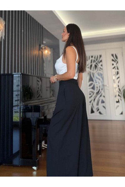 Atelier Derin Siyah Tek Pilise Tasarım Palazzo Pantolon