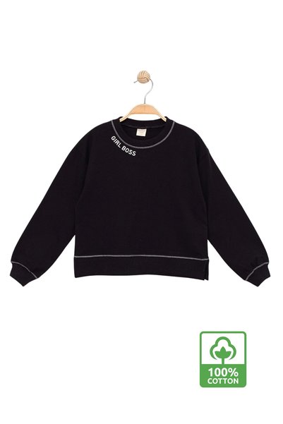Divonette Girl's Contrast Stitched Letter Printed 100% Cotton Black Sweatshirt - Children's Sweatshirt with Decorative Stitching