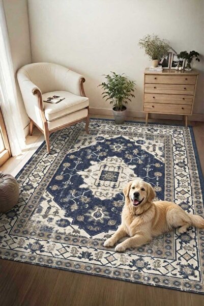 Qatalina Premium Vintage Lacivert Etnik Desenli Halı Kaymaz Taban Yıkanabilir...