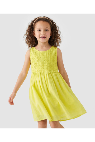 Primo Gino Woven Cotton Crochet Yoke Sleeveless Dress - Yellow