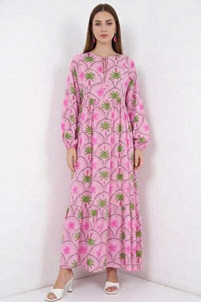 buğrahayalin Women's Round Neck Gathered Waist Floral Patterned Viscose Pink ...