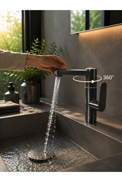ELMİNA ARMATUR Silva 360° Döner Antrasit Banyo Lavabo Bataryası Paslanmaz Mod...