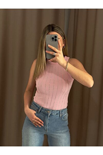 AlisBoutique Sıralı Kristal Taş İşlemeli Ribana Örme Atlet