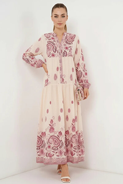 Efnaz style Women's V-Neck Gathered Waist Floral Patterned Viscose Burgundy H...
