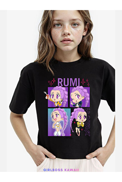 Girlboss Kawaii Rumi siyah crop t-shirt , demon hunters , iblis avcıları , hu...