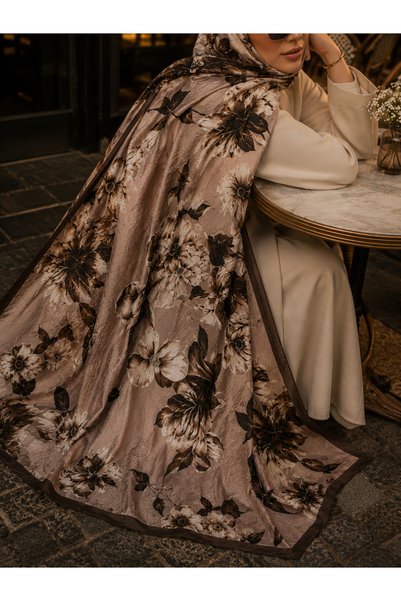 Êtoile Madame Polo Light Brown Color Floral Patterned Bamboo Cashmere Shawl Delicate Series