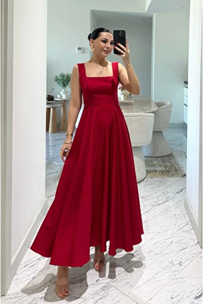 Şen butik Kırmızı Kare Yaka Füsun Prenses Elbise
