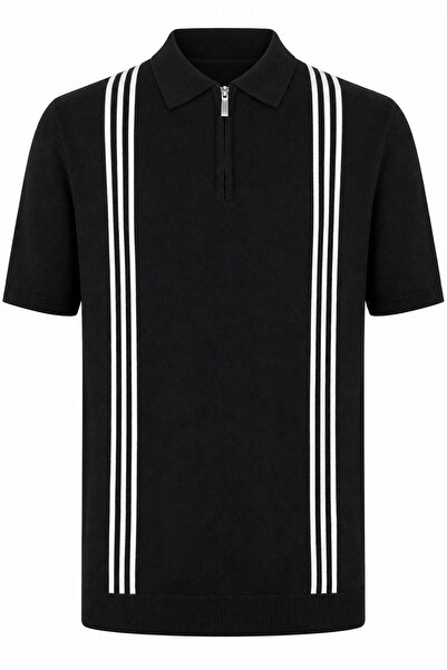 trender Yarım Fermuarlı Siyah - Beyaz Erkek Polo Yaka T-shirt 17439