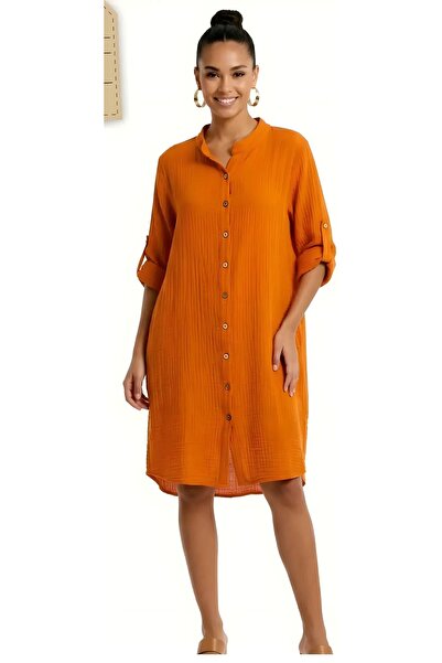 ELİTE NOVA SHOPPİNG Hakim Yaka 3/4 Kol Düğmeli Cepli Casual Müslin Oversize D...