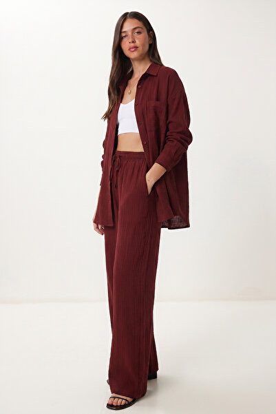 Lovelyİstanbul Oversize Müslin Gömlek Pantolon Takım LSA0014 BORDO