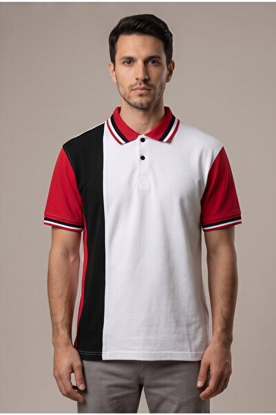 Tisho Erkek Polo Yaka T-Shirt Parçalı Beyaz Kırmızı Siyah %100 Pamuk Pike Kumaş