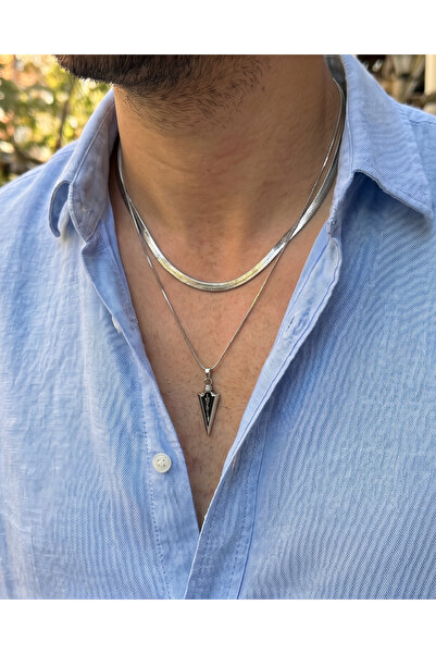 Gleemy accesories Gümüş Renk Paslanmaz Çelik Ok Ucu Mineli Erkek Kolye Seti 4...