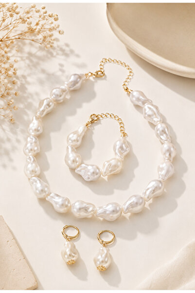 Archhazel Jewelery Barok İnci Görünümlü Kolye Bileklik Küpe Seti