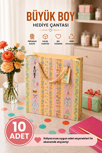 Daks 10 ADET (32 x 26 x 14 cm) - Pastel Parti Temalı Desenli Büyük Boy Karton...