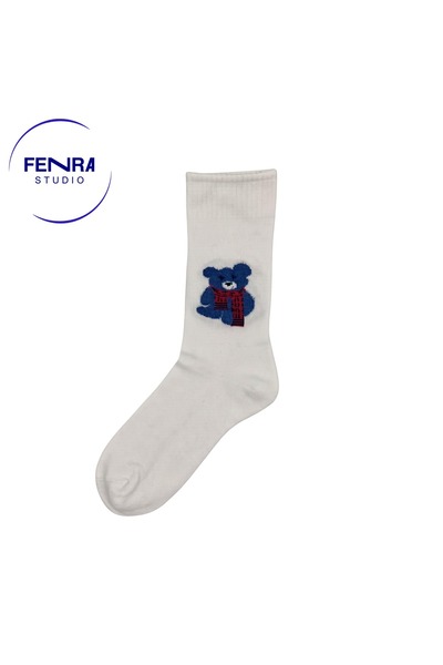 FENRA STUDIO Дамски памучни чорапи, бели, със син десен на плюшени мечета, сл...