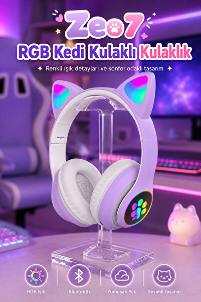 Zeo7 Kablosuz Sevimli Kedili Kulaklık TF Kart Aux Bluetooth Destekli Kulaküst...