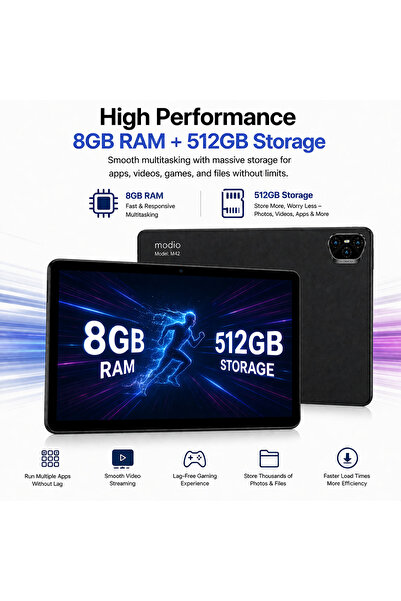 Modio M42 Tablet 10.1" IPS HD, 8GB RAM 512GB Storage, Android 13, 10000mAh, Dual SIM WiFi, 13MP Camera, Keyboard Mouse Pen Bundle