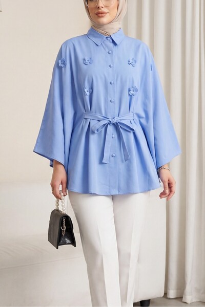 Modamorfo Floral Detailed Belted Poplin Poncho with Pearls - Light Blue