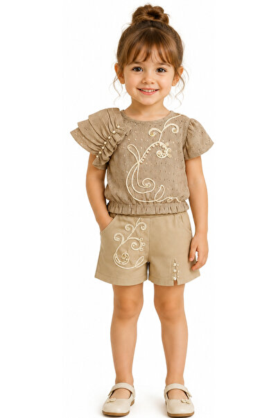 İrem Çocuk Giyim Girl's Shoulder Detailed Embroidered Front, Elastic Waist Kn...