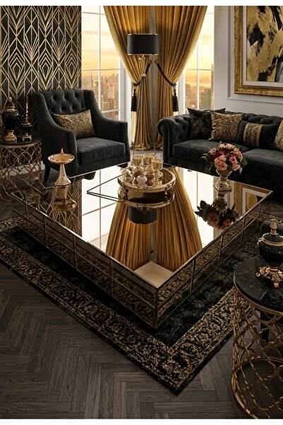 LUXURY VİLLA LUXURY BRONZ AYNALI DEKORATİF TEKERLEKLİ ORTA SEHPA 110x110 YÜKS...