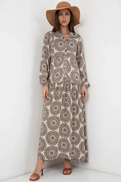 buğrahayalin Women's Shirt Collar Patterned Viscose Beige Hijab Dress