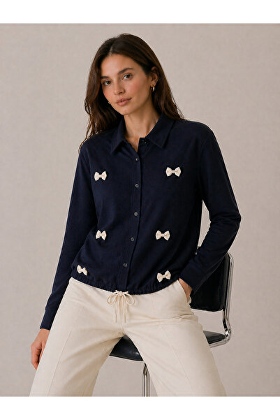 PENGORA Bow Detailed Comfortable Fit Long Sleeve Lace-Up Women's Shirt