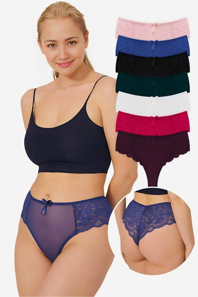 Homay 7-Pack Large Size Brazilian Panties with Tulle Detail on the Front and ...