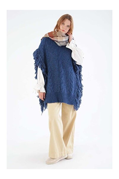 LC Waikiki Nevavm Navy Blue Fringed Knitwear Poncho with a Difference