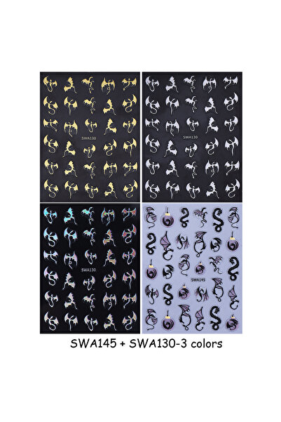Choice1 SWA130 SWA145 4pcs 3/4pcs Metallic Dragon Nail Stickers Evil Bat Flyi...