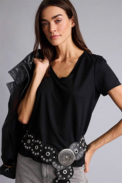 DeFacto V-Neck Regular Fit Black Women's T-Shirt W9204Az/Bk81