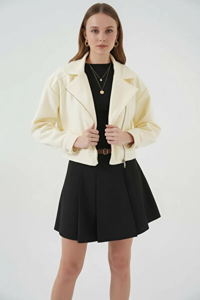 buğrahayalin Women's Classic Collar Short Cut Cotton Cream Jacket