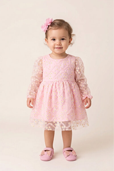 Le Mabelle Pink Long Sleeve Daisy Tulle Detailed Baby Girl Dress - Hera