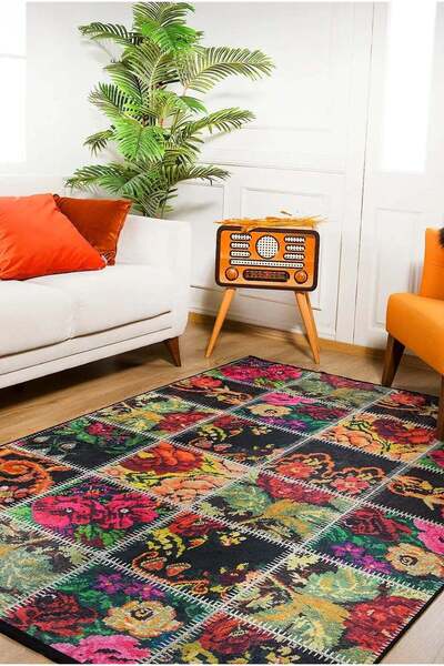 halinet Halı.Net Black Bohemian Washable Non-Slip Living Room Carpet Haln-Hln298